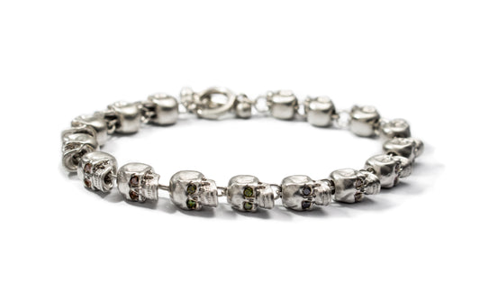Sterling Silver Skulls Bracelet with Multicolor Diamonds