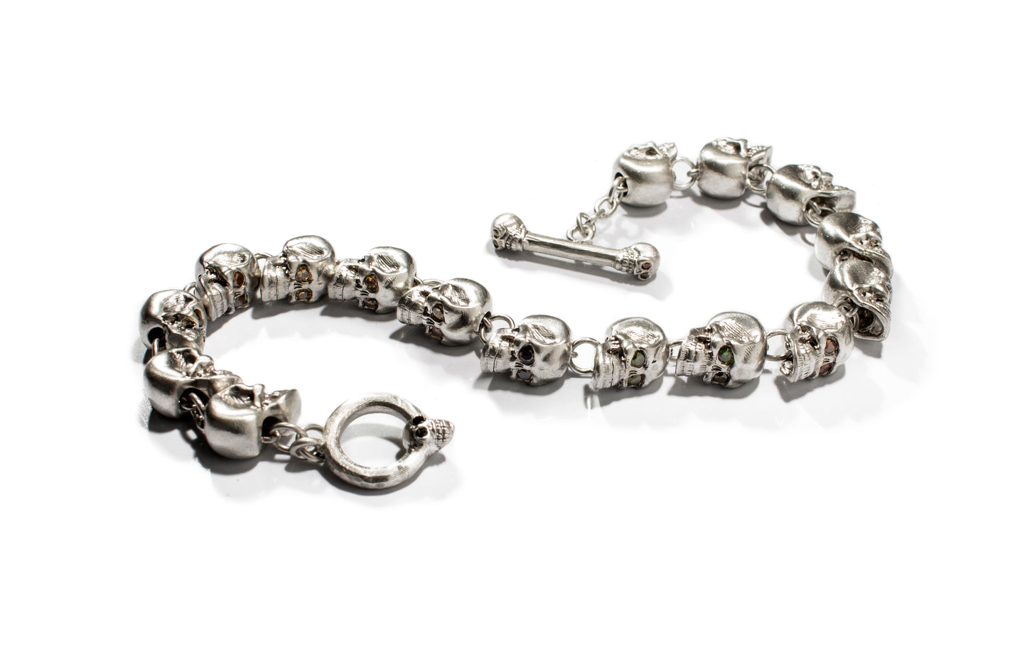 Sterling Silver Skulls Bracelet with Multicolor Diamonds