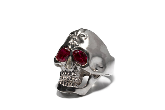 Sterling Silver Saint Skull Ring with Ruby Stones and Fleur de Lis Design