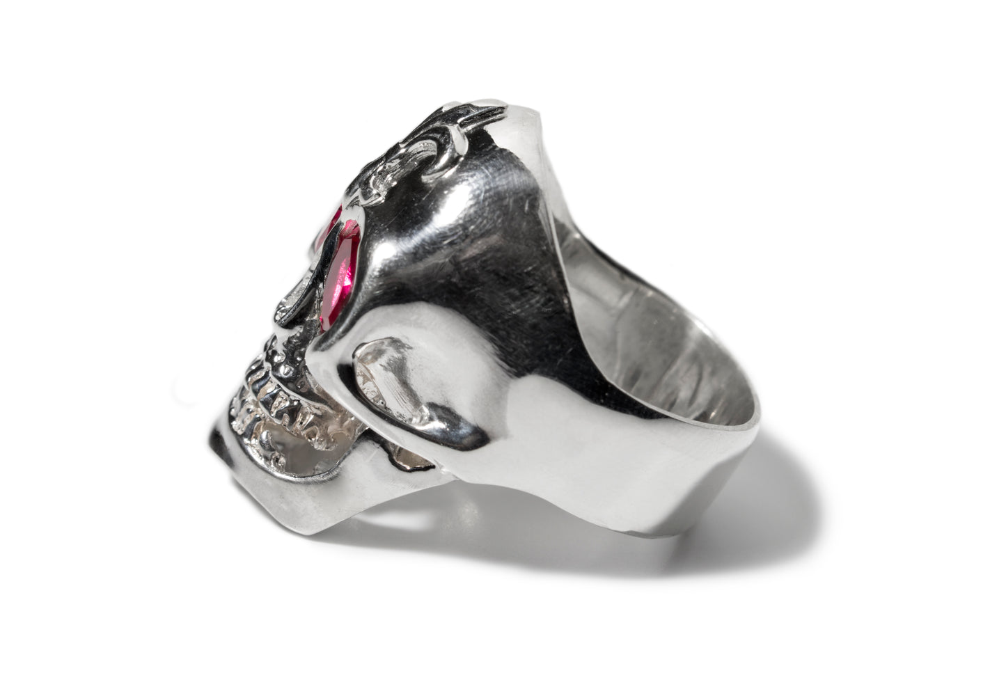 Sterling Silver Saint Skull Ring with Ruby Stones and Fleur de Lis Design