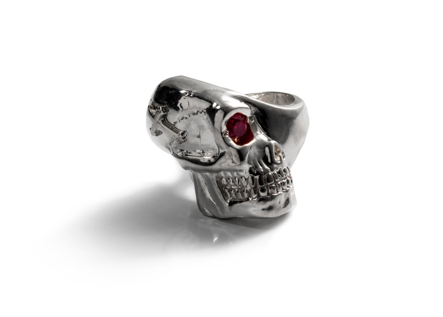 Half Skull Sterling Silver Ring with Ruby Stone & Side Cross Design