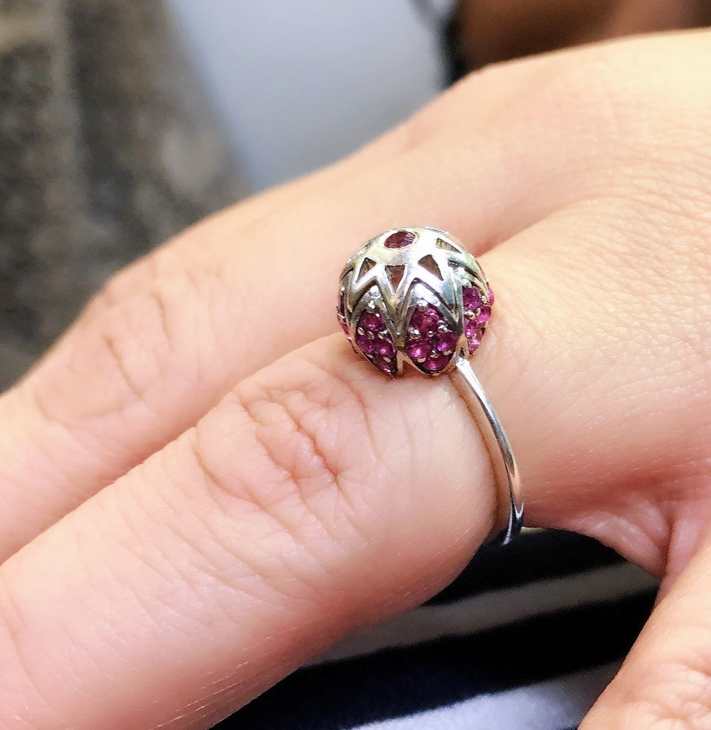 Sterling Silver Sphere Ring with Ruby Gemstones