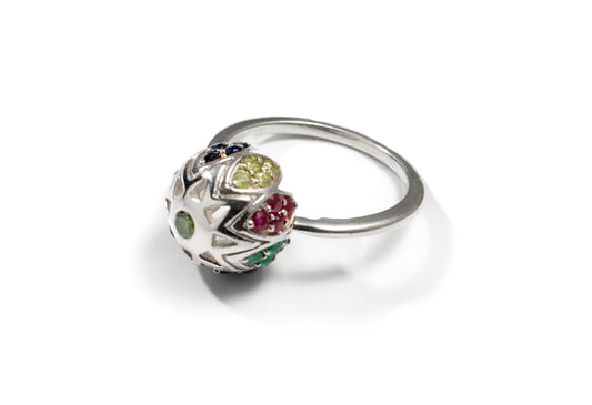 Sterling Silver Sphere Ring with Multicolor Gemstones
