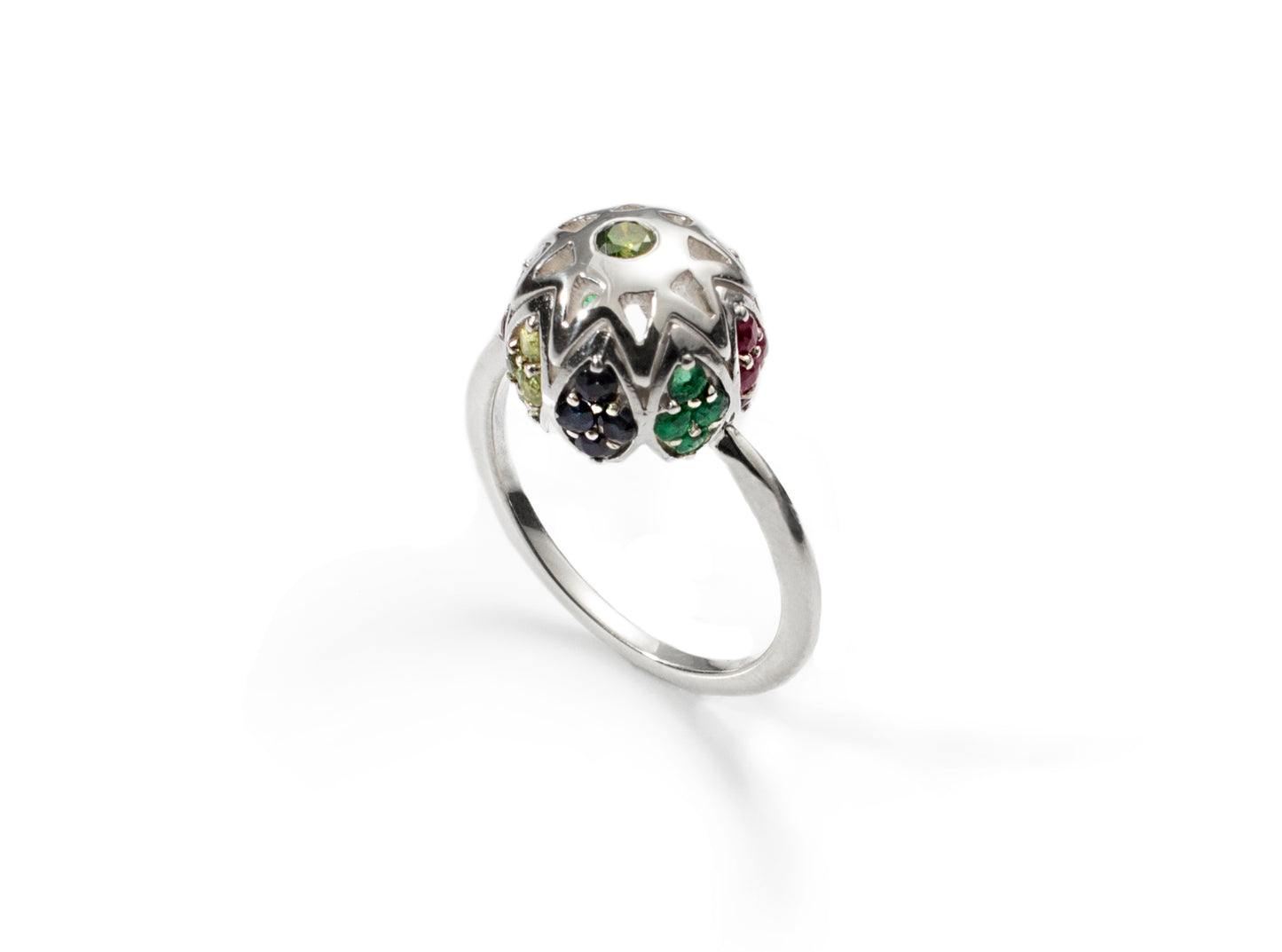 Sterling Silver Sphere Ring with Multicolor Gemstones