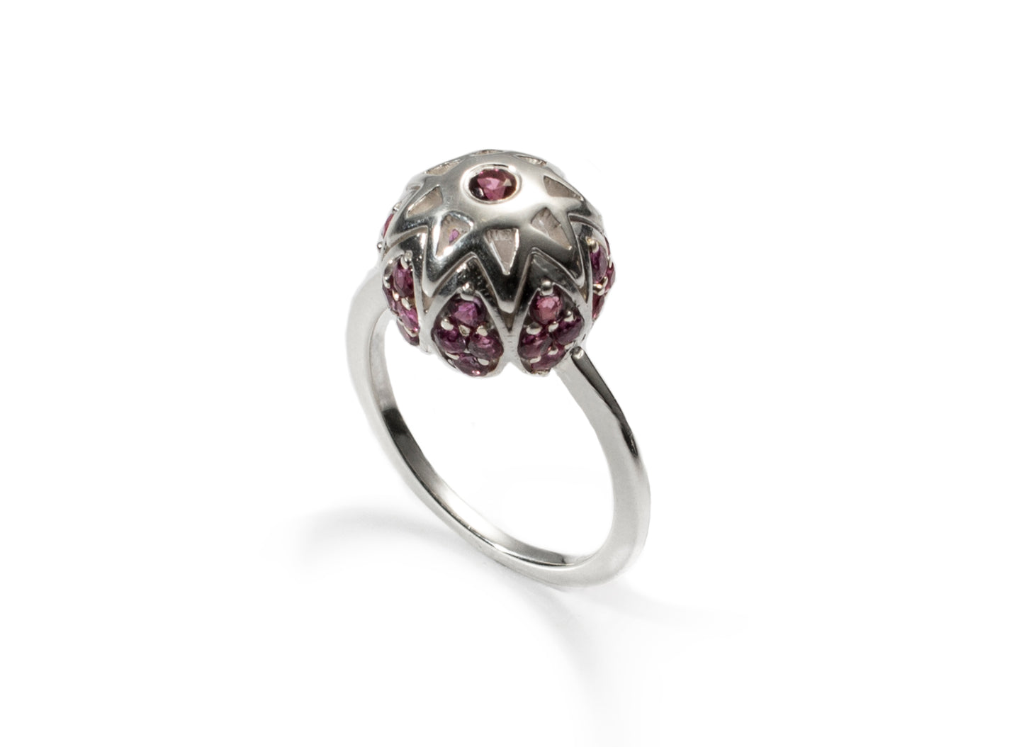 Sterling Silver Sphere Ring with Ruby Gemstones