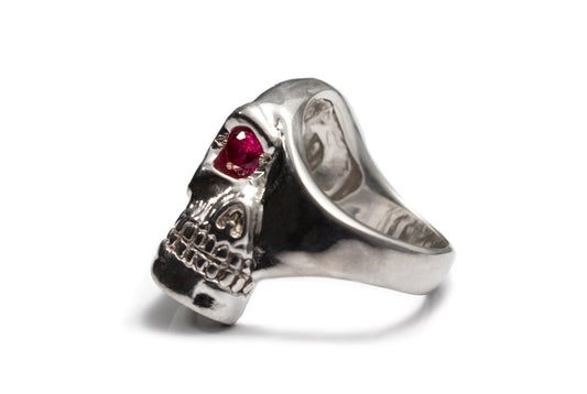 Half Skull Sterling Silver Ring with Ruby Stone & Side Cross Design